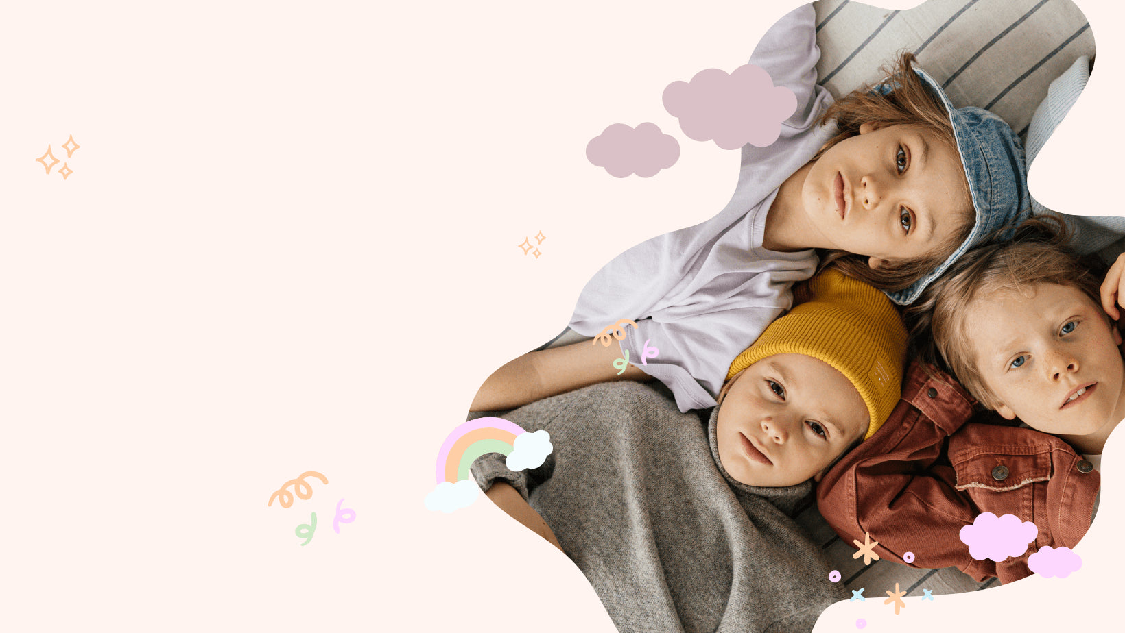 Three children lying on a bed with decorative elements around them, Tiny Tales baby clothing, Organic baby clothes Pakistan, Premium baby wear, Soft cotton baby rompers, Newborn and toddler outfits, Baby dresses and essentials, Eco-friendly baby fashion, Cute baby clothes online, Safe baby clothing brand, Tiny Tales baby shop