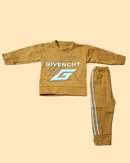 Brown children's sweatshirt and pants set with Givenchy logo on a beige background